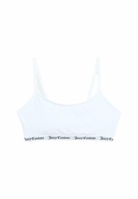Biely bralet vyrobený z mäkkej bavlny, s tenkými ramienkami a čiernym elastickým pásom s textom "Juicy Couture". Jednoduchý a bezšvíkový dizajn.