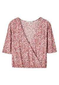 Crop top style portefeuille à fleurs roses avec manches courtes et taille élastique, présentant de petites fleurs blanches et rouges sur un fond rose clair.