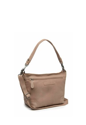 Sac à main en cuir marron clair avec bandoulière réglable, poche avant zippée et détails cousus aux coins et au centre.