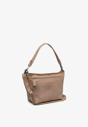 Sac à main en cuir marron clair avec bandoulière réglable, poche avant zippée et détails cousus aux coins et au centre.