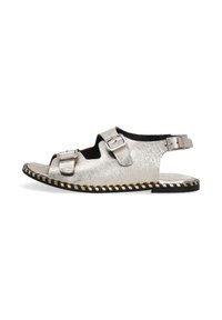 Zilveren metalen sandalen met een open teen, twee verstelbare gespbanden en een gevlochten zwarte en gouden zool. Platte vormgeving met minimale bedekking.