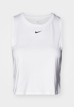 Biela bezrukávová športová blúzka vyrobená z hladkej látky, s okrúhlym výstrihom a malým čiernym logom Nike na hrudi.