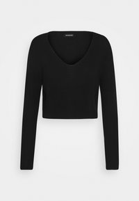 Schwarzer, kürzer geschnittener Strickpullover mit langen Ärmeln und V-Ausschnitt, auf einem schlichten weißen Hintergrund präsentiert.