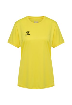 Gul kortærmet sports t-shirt, lavet af et glat materiale, med rund hals og et sort logo på venstre bryst.