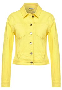 Gelbe Denim-Jacke mit langen Ärmeln, Kragen, zwei Brusttaschen, silbernen Knöpfen und einem verkürzten Design. Glatte Textur.