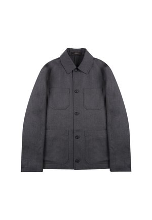 Veste en laine grise avec un col, fermeture par boutons et deux poches avant, offrant une texture lisse et une coupe ajustée.