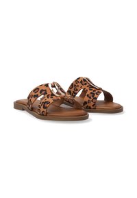 Sandaler med leopardprint i slide-model, med flad brun sål, åben tå og udsnit i stropperne. Fremstillet af tekstureret syntetisk læder.