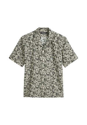 Korte mouw shirt in lichtbeige met een grijs en zwart bladpatroon, met een knoopsluiting aan de voorkant en een comfortabele kraag. Gemaakt van zachte stof.