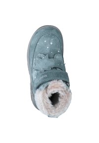 Samtschuh in Teal mit Sternmuster, zwei verstellbaren Klettverschlüssen, Futter aus Kunstfell, abgerundeter Zehenpartie, Gummisohle und einem bequemen Innenleben.