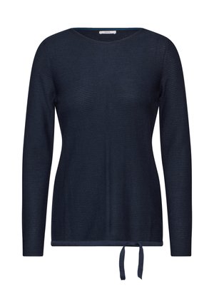 Granatowa bluzka z długim rękawem, teksturowany materiał, okrągły dekolt, z detalem w postaci wiązania u dołu, oferująca luźny krój i subtelny design.