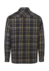Camicia a maniche lunghe a quadri neri e grigi con accenti gialli. Presenta polsini con bottoni e un colletto a risvolto. La vista posteriore mostra dettagli delle cuciture.