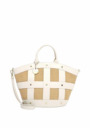 Pinta pintinė iš pynimo šiaudų ir baltos odos su viršutinėmis rankenomis, nuimamu peties dirželiu, metaliniais smeigtukais ir apvaliu logotipo pakabuku.