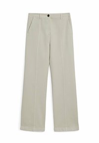 Lichtbeige wijde broek van gladde stof. Kenmerken zijn onder andere zijzakken, een knoopsluiting en een perspleat ontwerp.