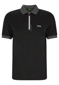 Černá polokošile s krátkým rukávem, bílým pruhovaným límečkem a manžetami, přední zip a malé logo "BOSS" na levé hrudi.