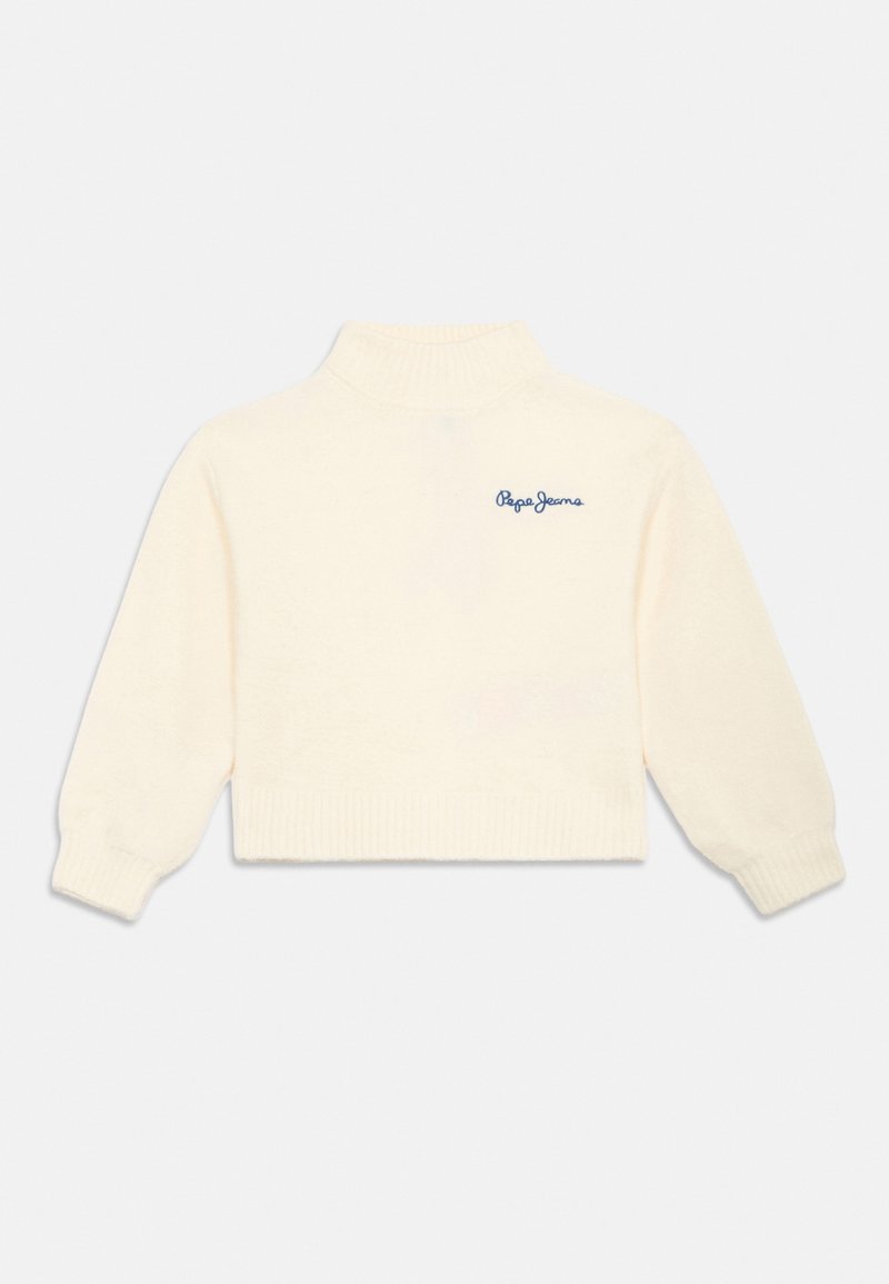 Suéter corto color crema con un cuello alto, puños acanalados y un pequeño logo azul en la parte delantera. Textura suave, corte holgado.