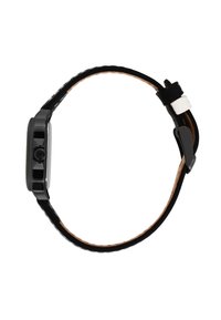 Orologio rettangolare nero con cinturino testurizzato, dotato di una corona rotonda nera e di una chiusura in metallo. Retro in pelle di colore naturale.