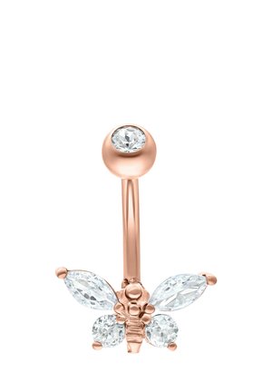 Rose gold belly button ring with butterfly design featuring clear marquise and round gemstones on a curved barbell.