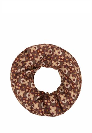 Brown fabric scrunchie with beige and orange geometric floral pattern, arranged in a circular shape on a white background.