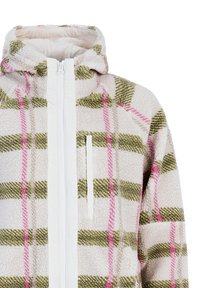 Capuchon fleece jacket met witte rits, verticale borstzak en groen-roze ruitpatroon op een crèmekleurige achtergrond.