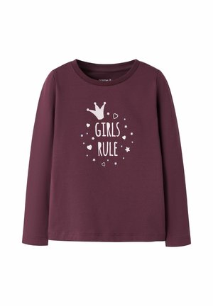Chemise à manches longues violette avec une couronne blanche, des cœurs, des étoiles et le texte "GIRLS RULE" imprimé sur le devant.