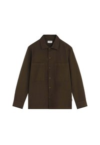 Jachetă din bumbac cu mânecă lungă, de culoare maro închis, cu două buzunare frontale și închidere cu buton, prezentată pe un fundal alb.