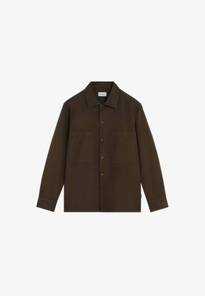 Dark brown long-sleeve shirt jacket with two front pockets and a button-down closure, displayed on a white background.