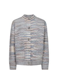 Gebreide cardigan van zachte, multi-kleurige garen met horizontale strepen in blauw, crème en bruin. Mouwen met manchet en sluiting met vier knopen.