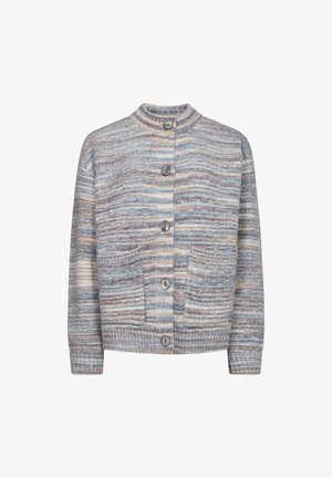Gebreide cardigan van zachte, multi-kleurige garen met horizontale strepen in blauw, crème en bruin. Mouwen met manchet en sluiting met vier knopen.