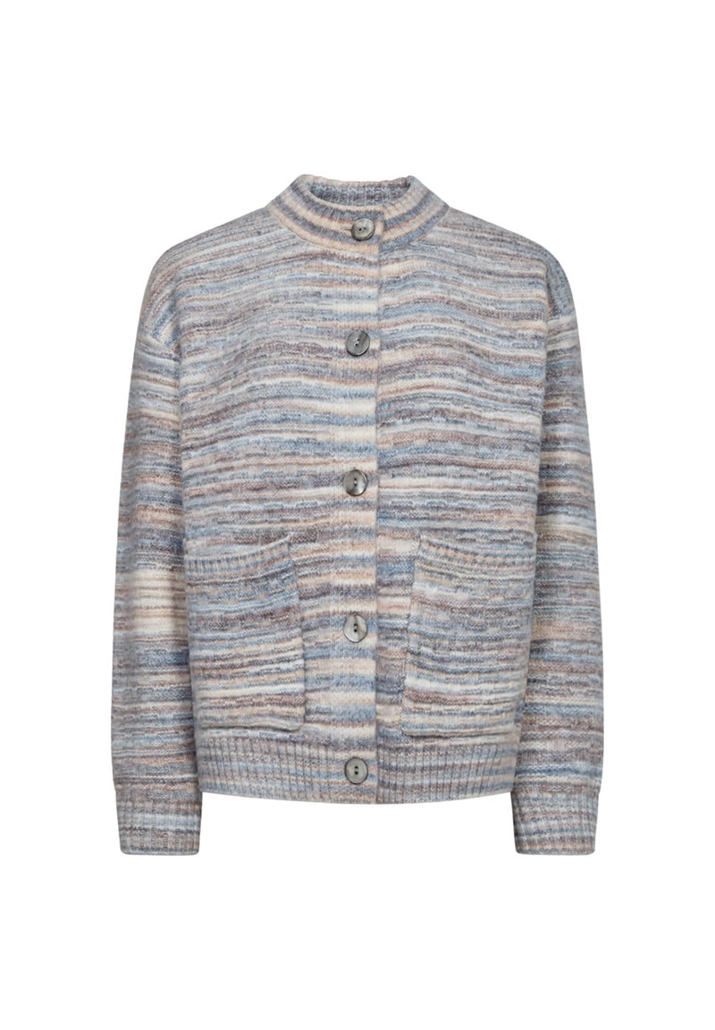 Gebreide cardigan van zachte, multi-kleurige garen met horizontale strepen in blauw, crème en bruin. Mouwen met manchet en sluiting met vier knopen.