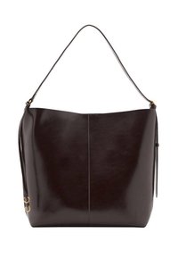 Dark brown leather hobo bag with a single shoulder strap, minimal stitching down the center, and two small gold rings on one side.
