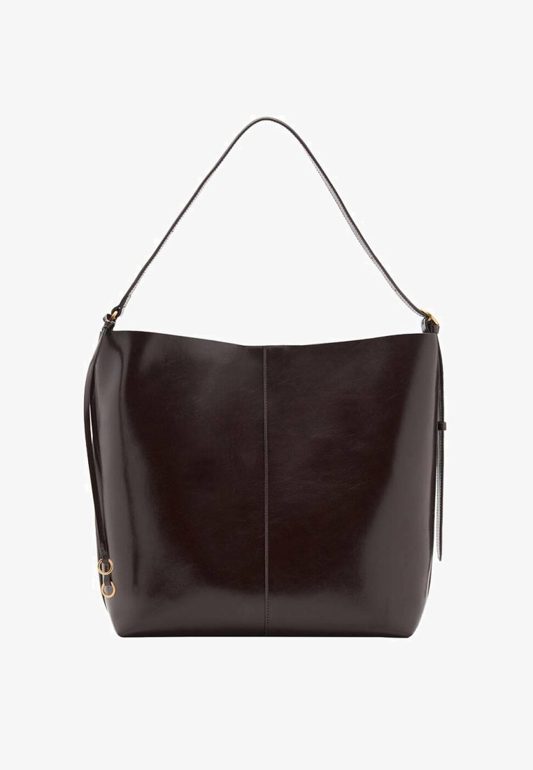 Dark brown leather hobo bag with a single shoulder strap, minimal stitching down the center, and two small gold rings on one side.