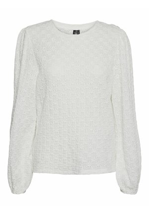 White long-sleeve top with textured fabric, round neckline, and gathered sleeves. Features a subtle pattern and a relaxed fit.