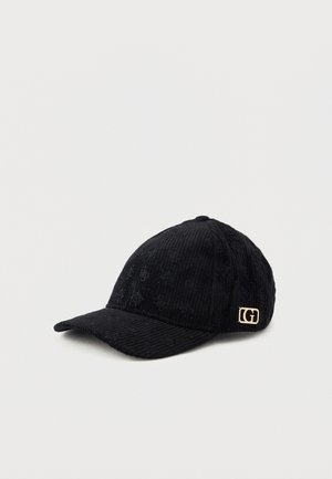 Schwarze Cord-Baseballkappe mit tonaler Blumenstickerei und kleinem goldenen "GG"-Logo an der Seite.