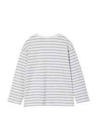 Langärmliges Hemd in Creme mit hellblauen horizontalen Streifen. Weicher Stoff, lockere Passform, abgerundeter Ausschnitt und keine sichtbaren Verschlüsse.