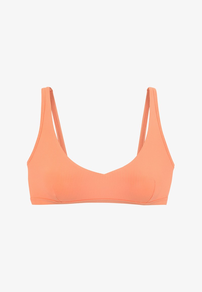 Bikini gornji dio u breskvastoj boji s udubljenim dekolteom i tankim trakama, s neprimjetnom izradom i glatkom teksturom.