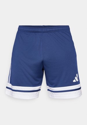 Marineblauwe sportshorts gemaakt van lichtgewicht materiaal, met witte en blauwe gestreepte accenten aan de onderkant en een elastische tailleband.