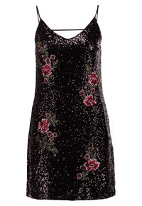Černé flitrové šaty s výstřihem do V a tenkými ramínky, zdobené květinovou výšivkou v odstínech červené a zelené na přední části.