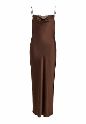 Rjava satenasta obleka na tanke naramnice z čipkasto podrobnostjo na drapiranem izrezu in dolžino do tal.