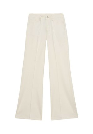 Weite cremefarbene Hosen aus strapazierfähigem Stoff mit klassischem Five-Pocket-Design, vorderem Knopfverschluss und tonalem Nähen.