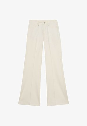 Brede ivoren broek gemaakt van een stevige stof met een klassiek vijf-pocket ontwerp, sluiting met een knoop aan de voorkant en ton-sur-ton stiksels.
