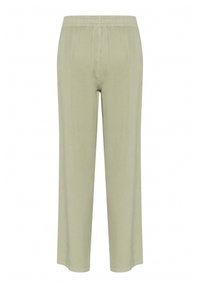 Svetlozelené široké nohavice vyrobené z jemnej tkaniny, s elastickým pásom a bez viditeľných vreciek alebo vzorov. Hladká textúra.