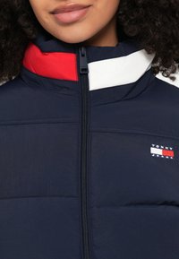 Tumši zila pūkaina jaka ar augstu apkakli, ar sarkanu, baltu un zilu svītrainu dizainu un zīmola plāksteri. Rāvējslēdzēja aizdare un šūtas paneles.