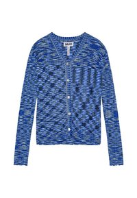 Blå stickad cardigan med v-Hals, långa ärmar och knappstängning. Texturen visar en blandning av mörkare och ljusare blå mönster.