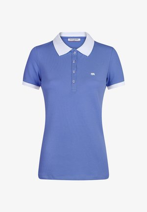 Polo bleu à manches courtes avec col et poignets blancs, boutons sur le devant et petit logo clair sur la poitrine gauche.