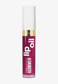 El aceite labial glimmer Super Lustrous de Revlon en un tubo transparente con tapa blanca. El producto es de un vibrante color rosa, con un acabado brillante.