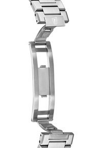 Bracelet de montre en acier inoxydable avec finition brossée, maillons rectangulaires et fermoir sécurisé. Il présente un design élégant et flexible avec un espacement uniforme.