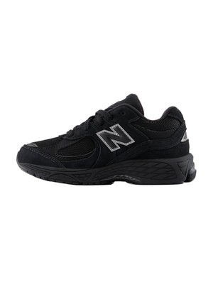 Black athletic shoes made of mesh and suede, featuring a textured sole, rounded toe, lace-up design, and a contrasting silver logo on the side.