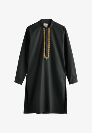 Black long-sleeve shirt with a mandarin collar, featuring a vertical golden embroidery pattern along the placket and side slits.