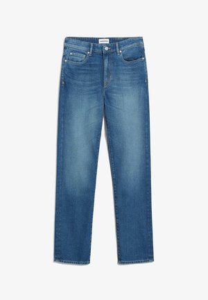 Lichtblauwe denim jeans met een rechte pasvorm, vijf zakken en subtiele vervaging. Voorzien van een knoopsluiting en riemlussen.