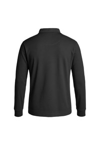 Zwart langemouwen polo shirt met een klassieke kraag en een gladde, matte textuur. Heeft een effen kleur zonder zichtbare patronen of accenten.